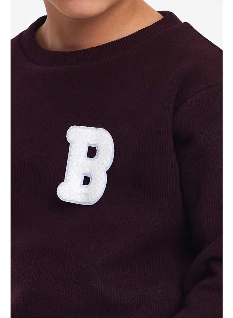 Mrs & Kids 3D Embroidered Plum Wool and Cotton Winter Crew Neck Children's Men's Sweatshirt - Image 3
